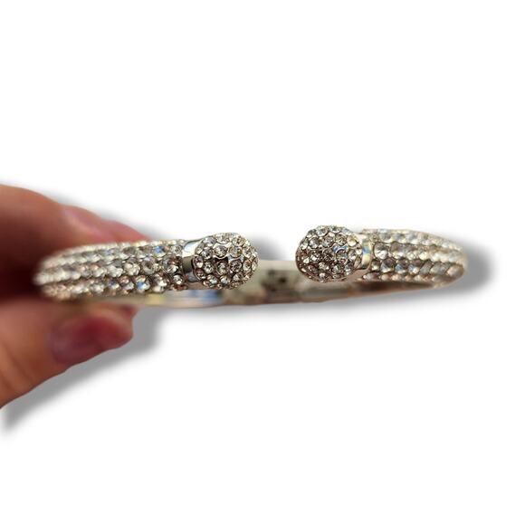 Vintage Joan Boyce Clear Rhinestone Silver Clamper Bangle Bracelet Crystals